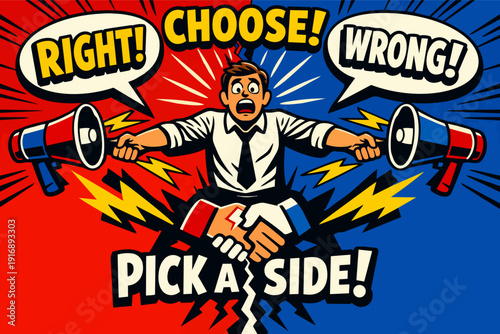 Man overwhelmed by conflicting opinions, choosing between right and wrong