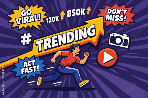 Man running on trending arrow with go viral and social media promotion elements