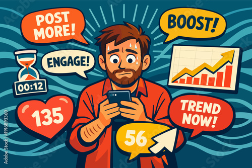 Man feeling social media pressure and digital burnout, focused on online engagement metrics