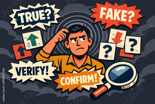 Young man evaluating information, verifying fact or fake news concept