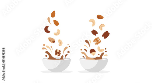 Assorted nuts like cashews and walnuts fall into two bowls with splashing chocolate milk or liquid.