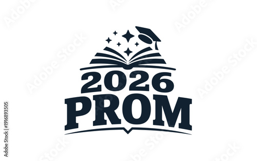 A minimalist vector graphic illustration of a 2026 prom logo with an open book, graduation cap, and stars
