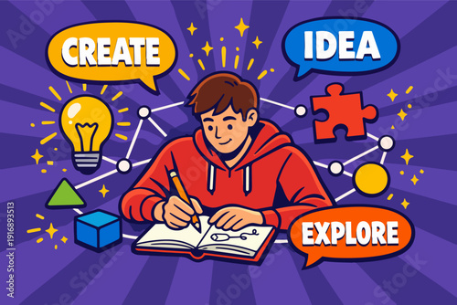 Student boy drawing and exploring new ideas, creating solutions, problem solving