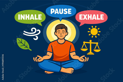 Man practicing mindful breathing meditation, focusing on inner balance and calm
