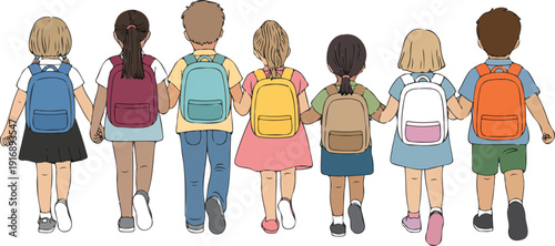 Rear view of diverse children walking to school with backpacks holding hands together in unity