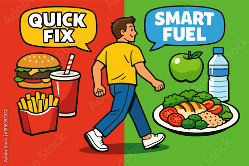 Man choosing between quick fix junk food and smart fuel healthy diet