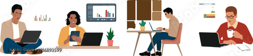 Set of four illustrations depicting diverse people working remotely with laptops and digital devices