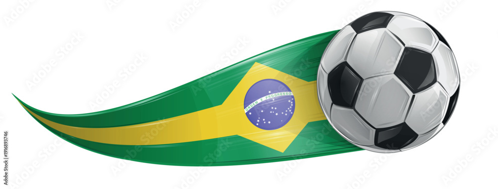 Naklejka premium Realistic soccer ball featuring the colors of the Brazilian flag, vector illustration, isolated on a white background