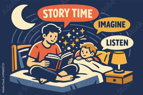 Father reading bedtime story to child, imagination sparks with magic and stars