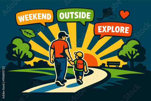 Father and son exploring outdoors, enjoying weekend adventure during sunset