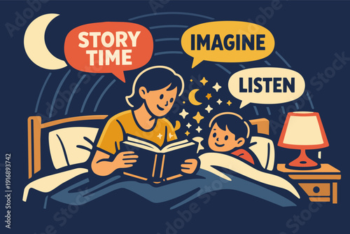 Mother reading bedtime story to child, inspiring imagination and family bonding at night