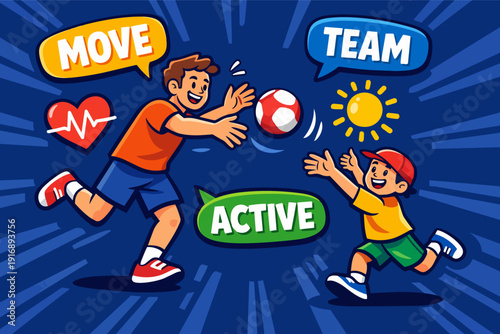 Father and son playing soccer, moving active together, promoting health and teamwork