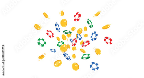 Golden coins and poker chips are exploding and scattering in all directions against a clean white background.