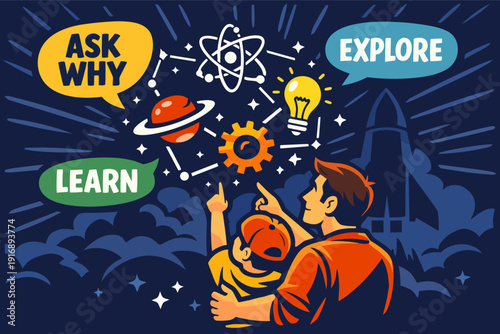 Father and son exploring science and the universe, asking why and learning future