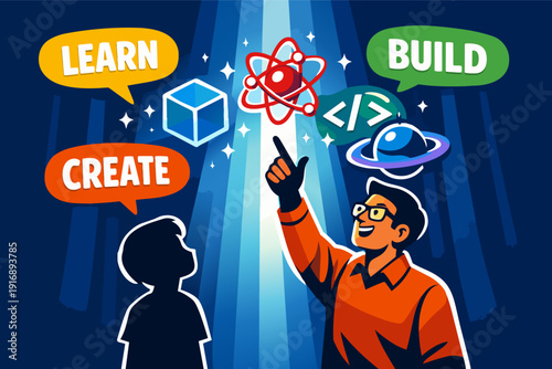 Teacher pointing at atom and technology icons, inspiring a student in stem fields