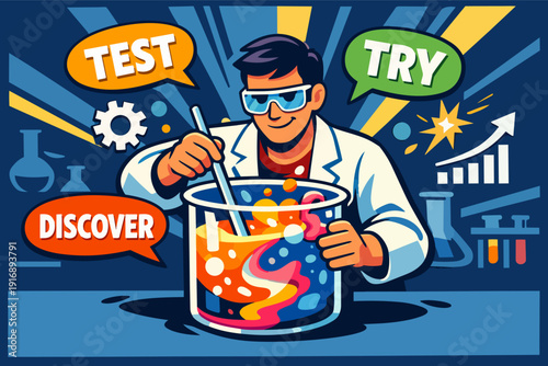 Scientist mixing colorful chemicals in laboratory beaker researching new discoveries