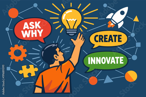 Man reaching for a lightbulb, surrounded by speech bubbles and symbols of progress