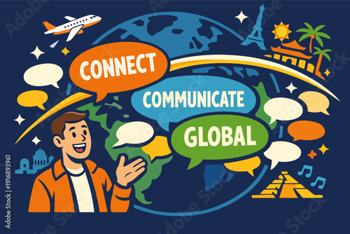 Man communicating globally with speech bubbles, connecting people worldwide