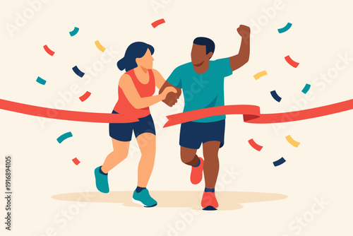 Runners crossing finish line, celebrating success and achievement with confetti