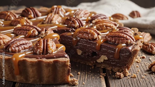 Wallpaper Mural Delicious pecan pie with caramel drizzle close up shot on wooden table Torontodigital.ca