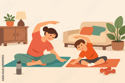 Mother and son doing yoga together at home, practicing fitness and wellness