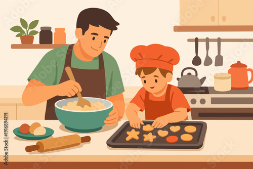 Father and son baking cookies together in kitchen for family bonding