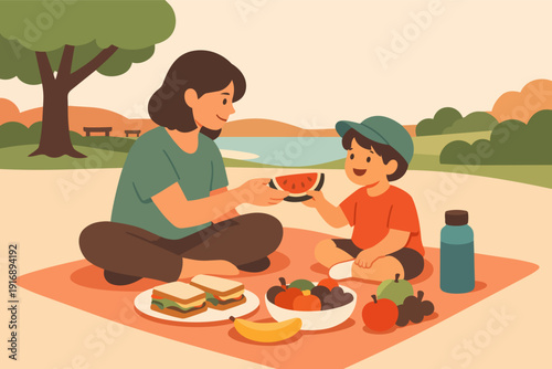 Mother and child enjoying outdoor picnic in park, sharing fresh fruit and food