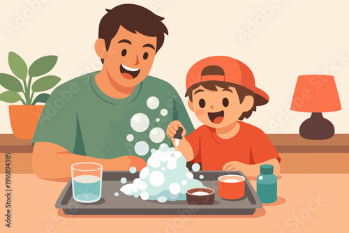 Father and son enjoying a home science experiment with bubbling foam