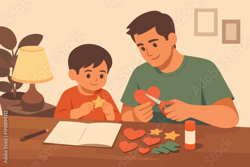 Father and son crafting paper hearts and stars together, enjoying family activity at home