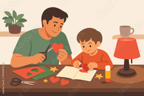 Father and son bonding during crafting activity creating paper hearts at home