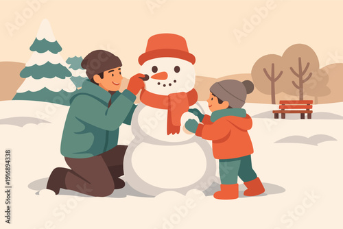 Father and son building snowman enjoying winter activity and family time