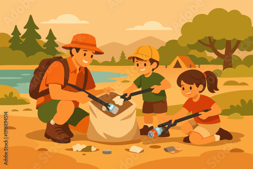 People cleaning outdoor park, teaching children about nature and environmental protection