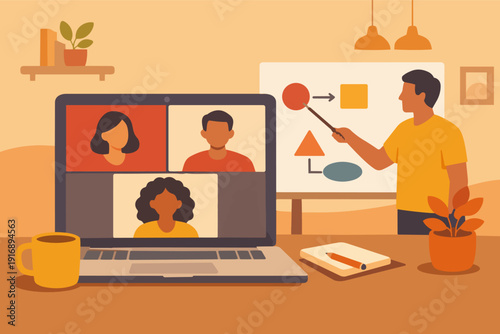 Man leading online learning session with video conference on laptop