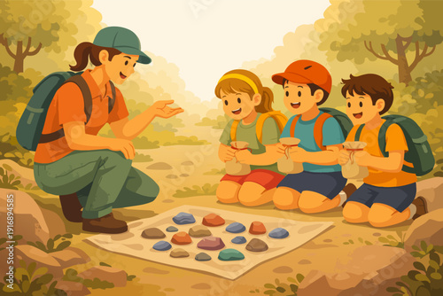 Outdoor instructor teaching geology to young students exploring rocks in nature