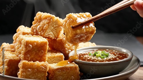 Wallpaper Mural Golden fried tofu cubes with sauce close up food photography Torontodigital.ca