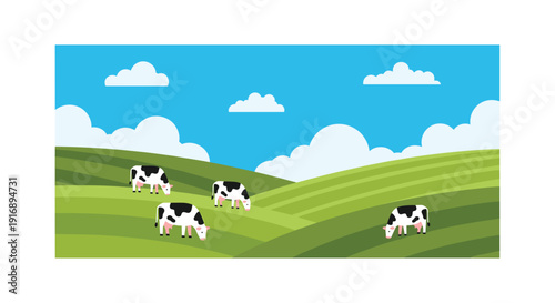 Four black and white cows graze on lush green rolling hills under a blue sky with scattered white clouds.
