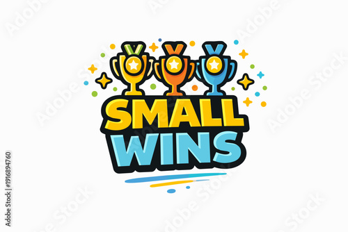 Small wins concept with colorful trophies and medals celebrating achievement and progress