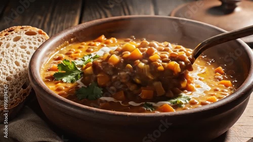 Wallpaper Mural Hearty lentil soup in ceramic bowl with bread slice culinary close up Torontodigital.ca