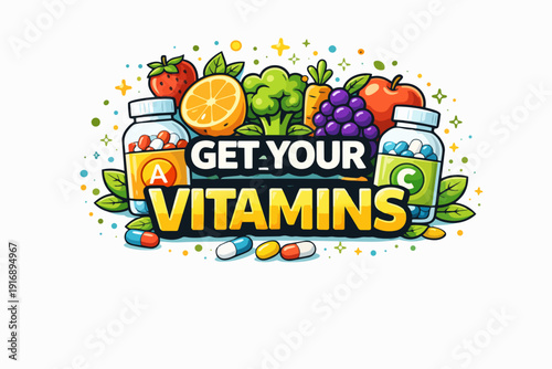 Fruits, vegetables and supplements promoting essential vitamins for daily nutrition and health