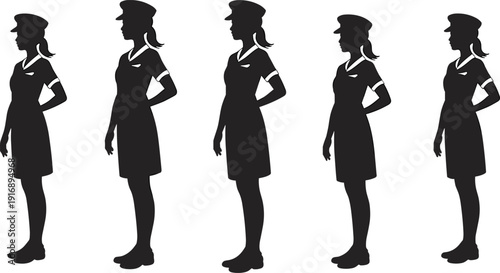 Five black silhouette figures of women in uniforms with hats and armbands standing in a row white