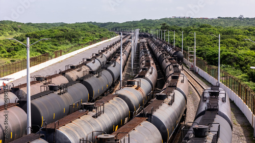 Fotografía Oil tanker railcars lined up on tracks beside lush green vegetation, industrial fuel transport and logistics corridor