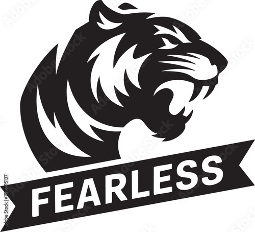 Fearless tiger roaring with sharp teeth symbol of courage and bravery on banner