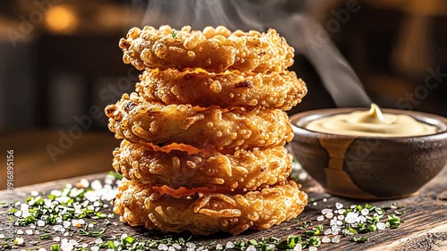 Wallpaper Mural Stack of golden fried onion rings with dipping sauce on wooden board Torontodigital.ca