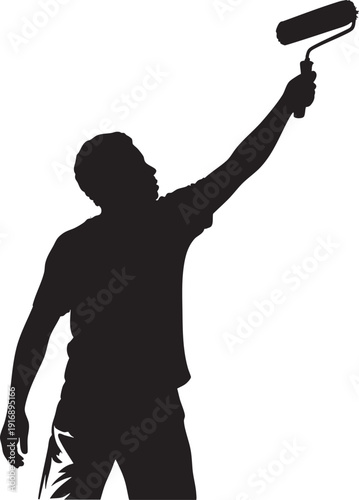 Silhouette of man painting wall with roller brush upward motion clean and professional