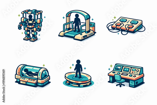 Sci-fi medical research technology with exoskeleton, cryo chamber, and control panel