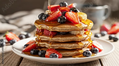 Wallpaper Mural Stack of pancakes with fresh berries and syrup on white plate Torontodigital.ca