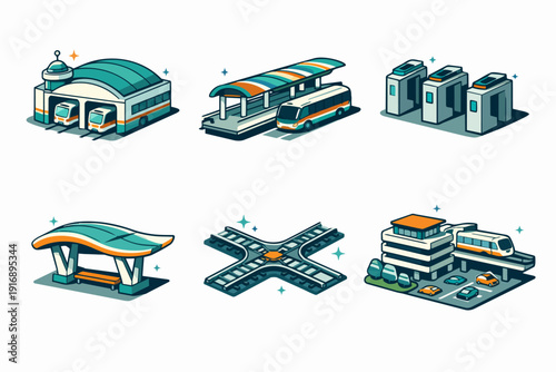 Public transportation infrastructure icon set featuring trains, buses, and stations