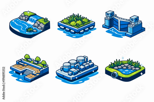Isometric icons showing water management, infrastructure, hydrology, and conservation concepts