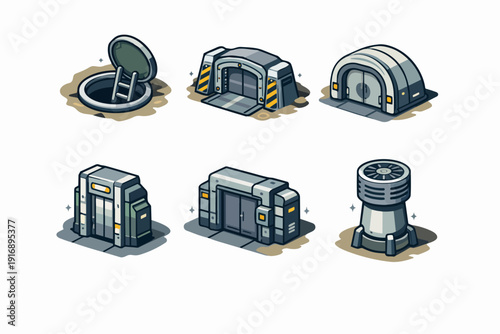 Sci-fi base elements including bunkers, entrances, and air vents for game design