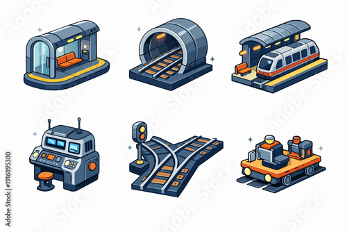 Subway and train transport station elements icon set cartoon isometric vector illustration
